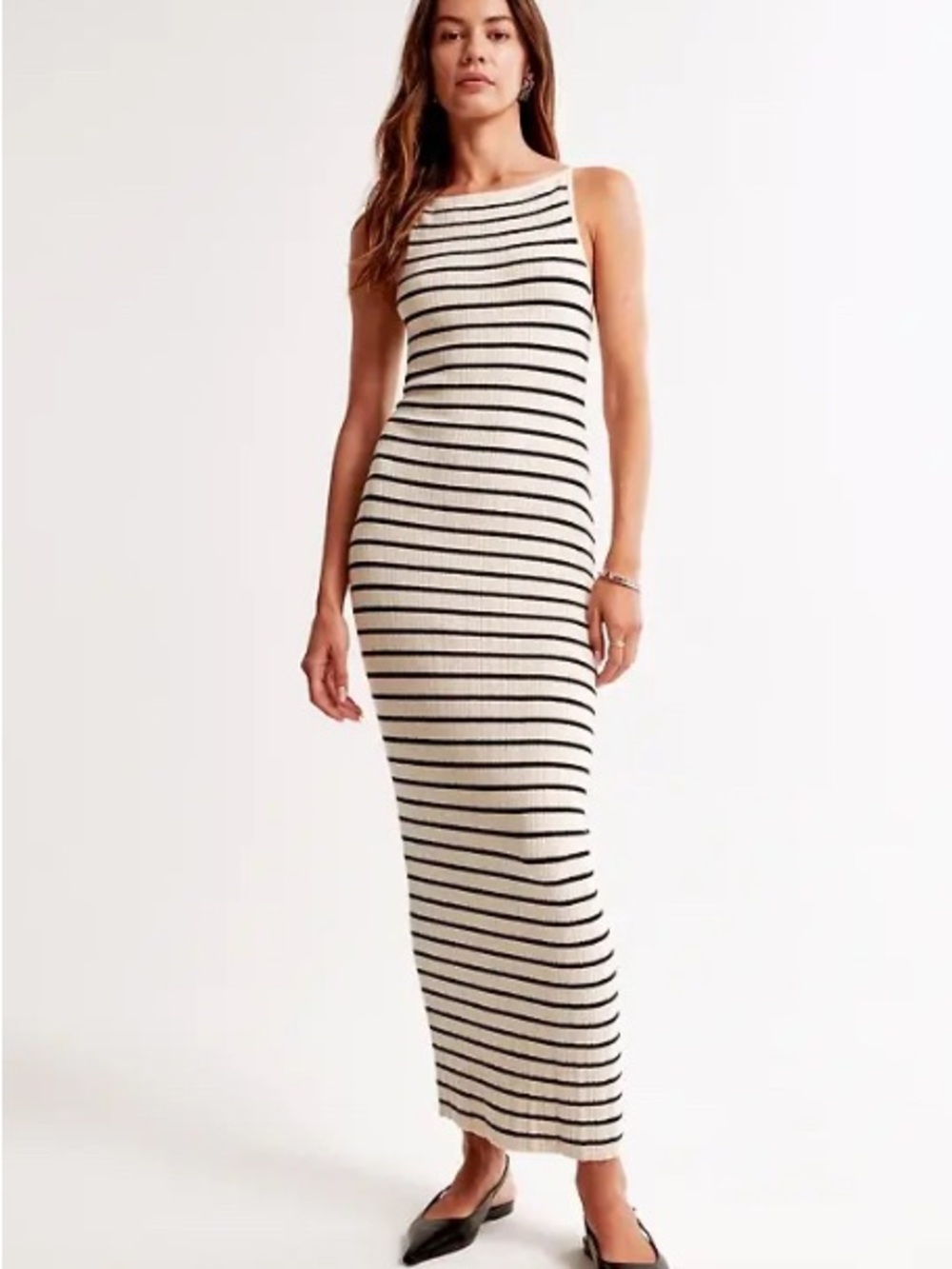 Abercrombie & Fitch Black and Cream Striped Ribbed Maxi Dress